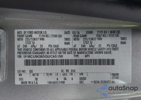 2016 Ford Escape Se z USA, uszkodzony, nr VIN 1FMCU9G93GUC65150